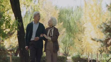 老年夫妇<strong>相互</strong>搀扶着在公园里散步